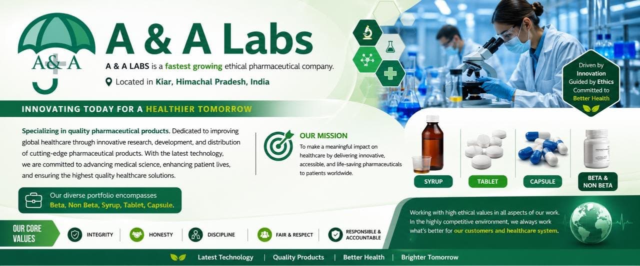 A & A Labs corporate banner: innovating today for a healthier tomorrow — mission, product forms and core values